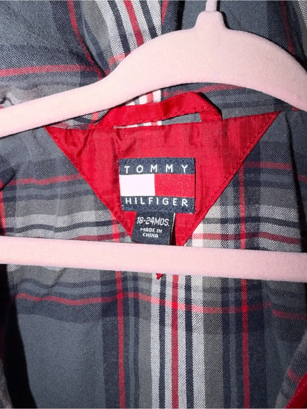 Tommy Hilfiger Coat 18-24 Months Red and Gray Plaid Lined Jacket Hood EUC